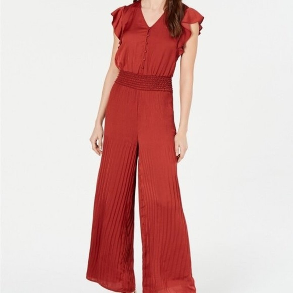 current air los angeles wide leg flutter sleeve jumpsuit in brick